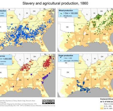 Produkcja bawełny, pszenicy, tytoniu, ryżu i cukru w odniesieniu do niewolnictwa w USA, 1860 
