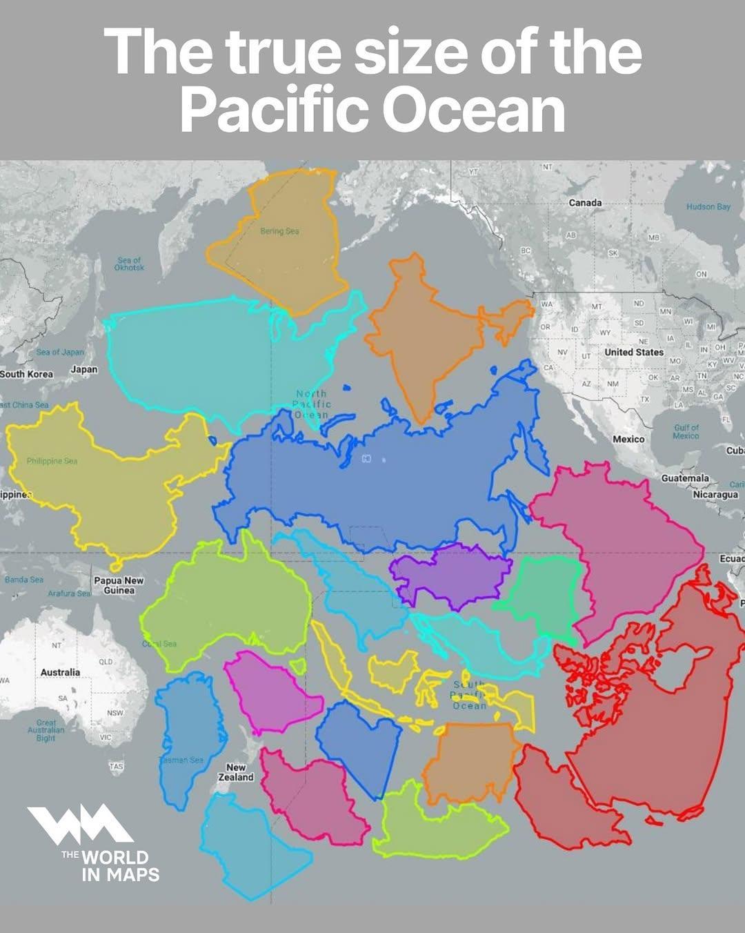 Rozmiar Pacyfiku (Oceanu Spokojnego) na tle poszczególnych państw: Rosji, Australii, USA, Chin ...