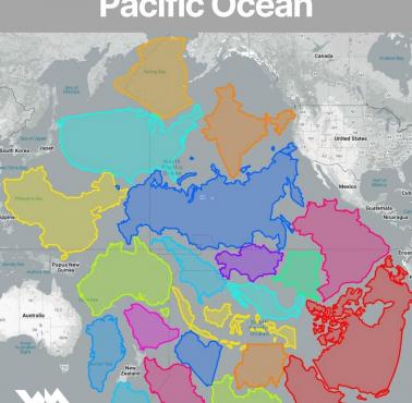 Rozmiar Pacyfiku (Oceanu Spokojnego) na tle poszczególnych państw: Rosji, Australii, USA, Chin ...