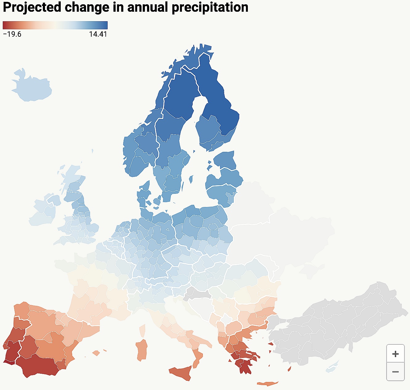 Prognozowana zmiana % rocznych opadów do połowy stulecia (2041-2070) według regionów (NUTS2) w scenariuszu wysokoemisyjnym