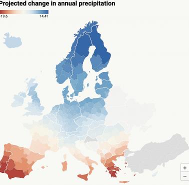 Prognozowana zmiana % rocznych opadów do połowy stulecia (2041-2070) według regionów (NUTS2) w scenariuszu wysokoemisyjnym