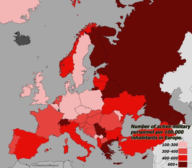 Liczba aktywnych pracowników wojskowych na 100 tys mieszkańców w poszczególnych państwach Europy