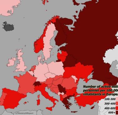 Liczba aktywnych pracowników wojskowych na 100 tys mieszkańców w poszczególnych państwach Europy