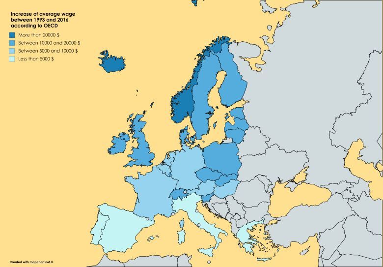 Wzrost płac w poszczególnych państwach Europy w latach 1993-2016