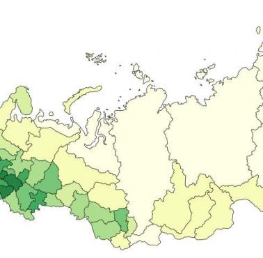 Gęstość zaludnienia Rosji z podziałem na regiony na km2