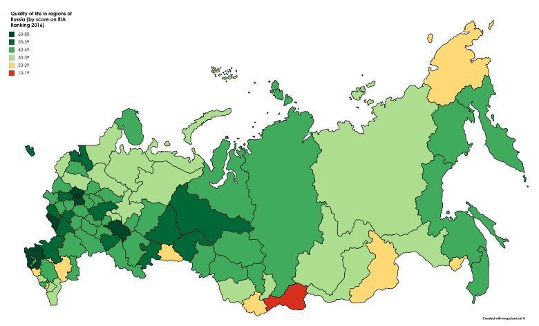 Jakość życia w poszczególnych regionach Rosji, 2016
