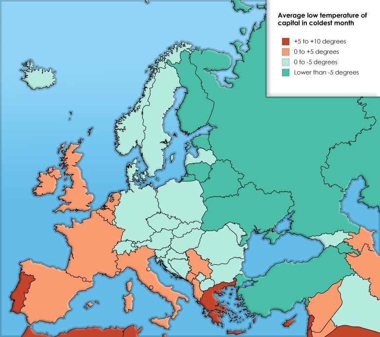 Kraje Europy według najniższej temperatury najzimniejszego miesiąca w roku