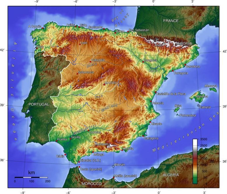 Topograficzna mapa Hiszpanii