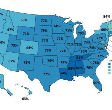 Odsetek chrześcijan w poszczególnych stanach USA