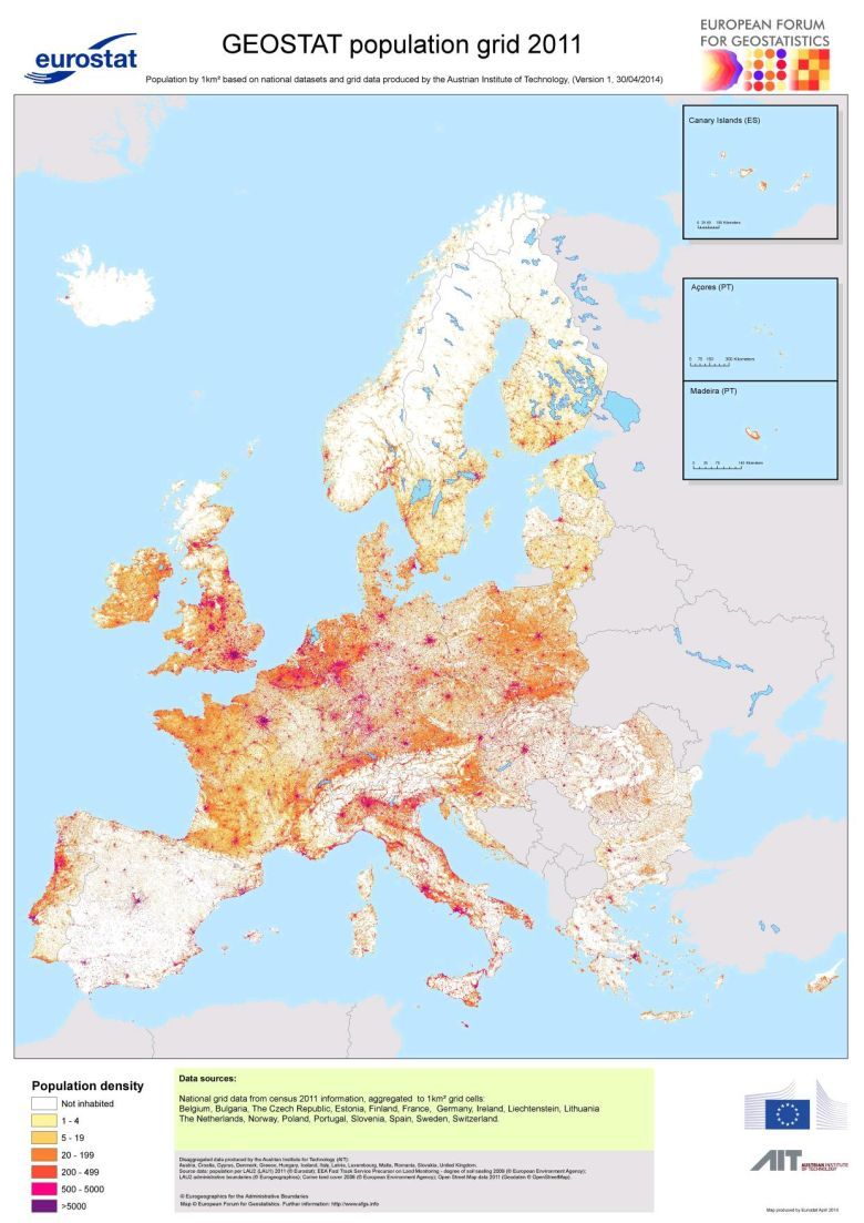 Gęstość zaludnienia poszczególnych europejskich państw, 2011