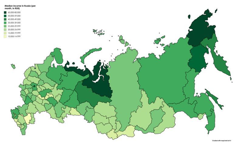 Średni dochód na osobę w poszczególnych regionach Rosji