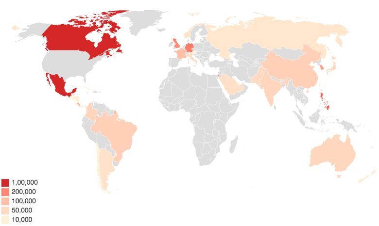Amerykańska diaspora w poszczególnych państwach świata