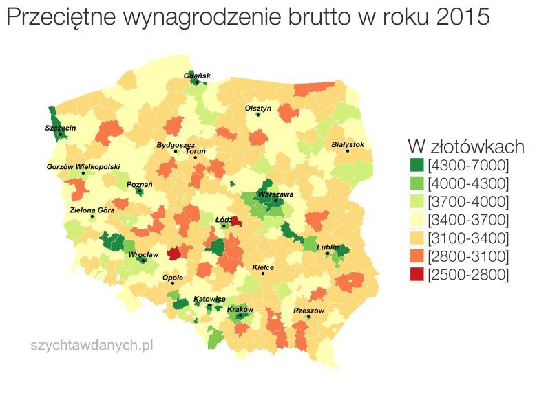 Średnie wynagrodzenie brutto w poszczególnych powiatach Polski, 2015