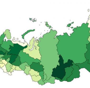 Powierzchnia lasów w procentach w poszczególnych regionach Rosji