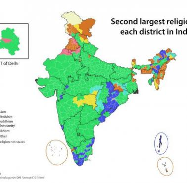 Druga największa religia w poszczególnych dystryktach Indii, 2011