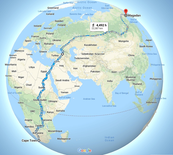 Najdłuższa na świecie ciągła droga, po której może chodzić człowiek, 22387 km, Magadan - Cape Town