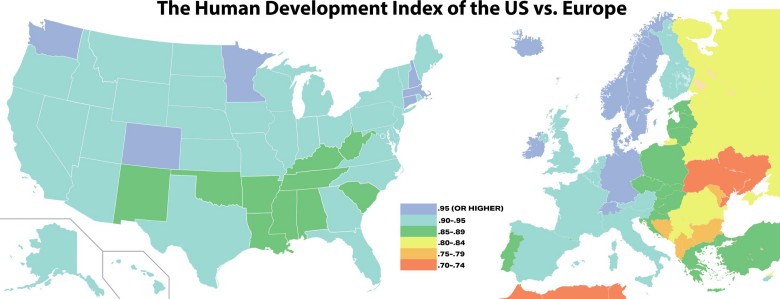 Wskaźnik rozwoju społecznego HDI (od ang. Human Development Index) USA i Europy, 2022