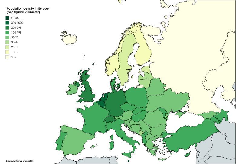 Gęstość zaludnienia poszczególnych europejskich państw