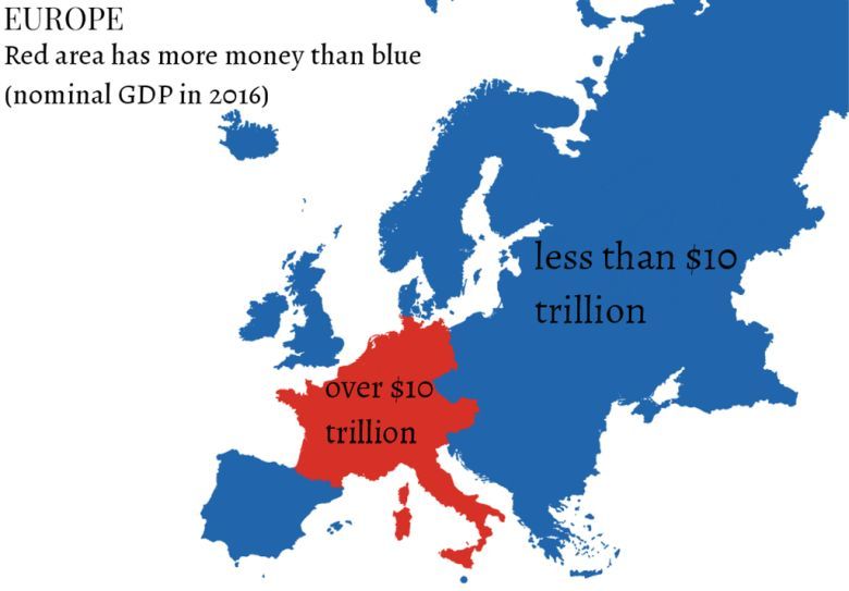 Beneficjenci Unii, czerwony obszar ma więcej pieniędzy niż niebieski (w/g PKB), dane 2016