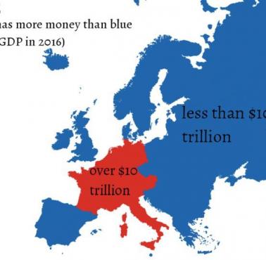 Beneficjenci Unii, czerwony obszar ma więcej pieniędzy niż niebieski (w/g PKB), dane 2016