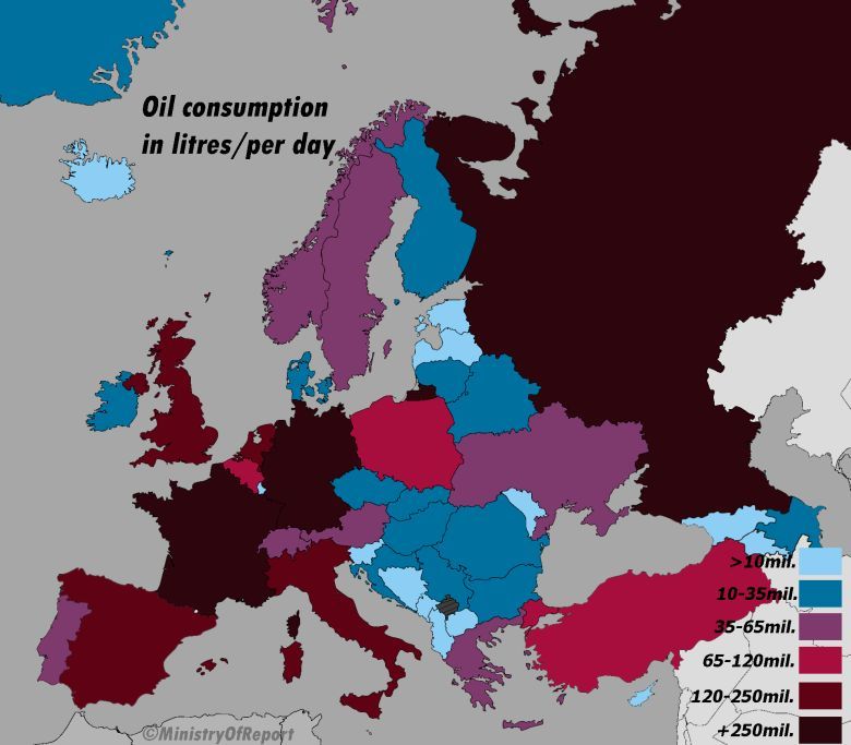Zużycie ropy naftowej w Europie w litrach na dzień