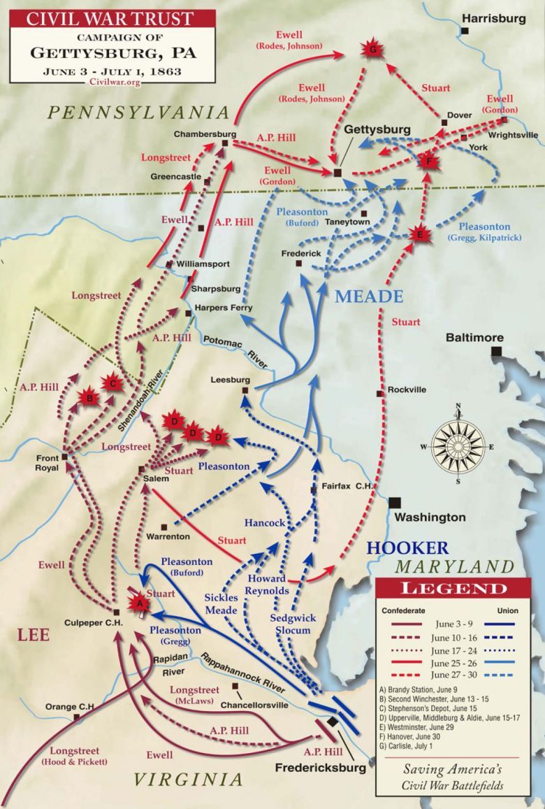 Plan sytuacyjny bitwy pod Gettysburgiem z 1864 rok (Pensylwania, USA)
