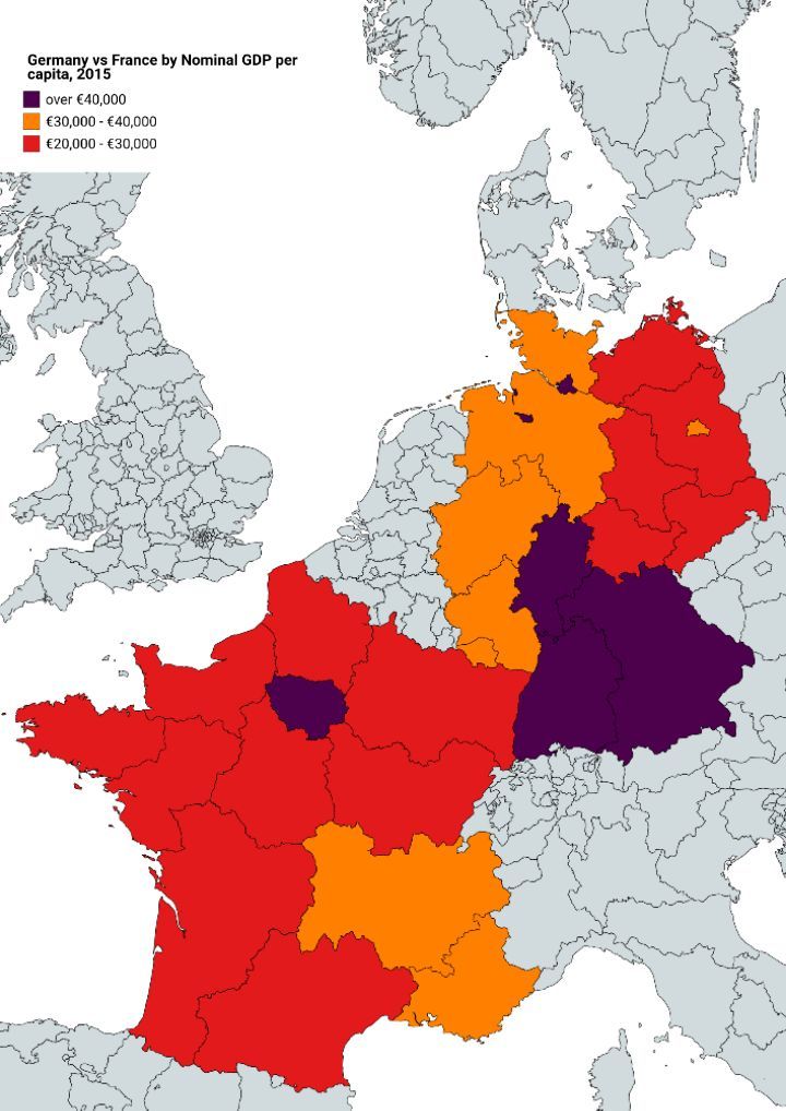 Kto rządzi w Unii, czyli porównanie PKB na jednego mieszkańca regionów Francji i niemieckich landów, 2015