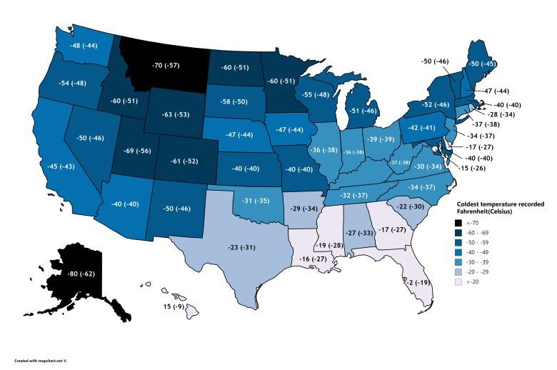 Najniższe odnotowane temperatury w poszczególnych stanach USA, w stopniach Fahrenheita i Celsjusza