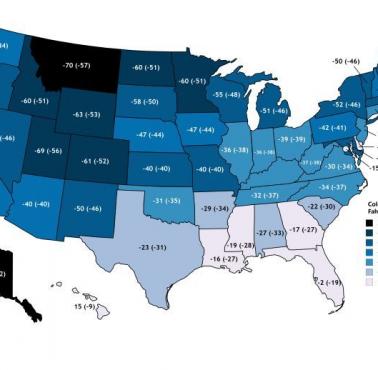 Najniższe odnotowane temperatury w poszczególnych stanach USA, w stopniach Fahrenheita i Celsjusza