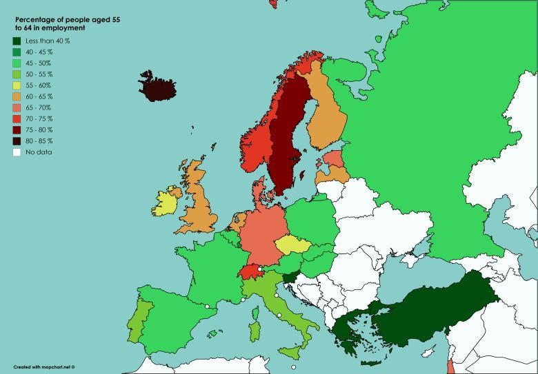 Odsetek zatrudnionych mieszkańców Europy w wieku od 55 do 64 lat