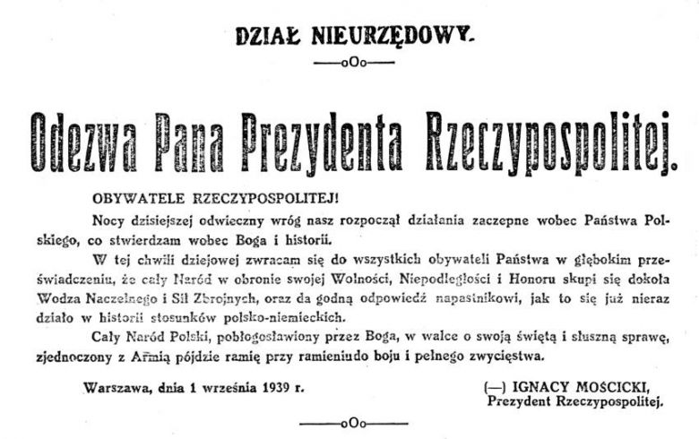 Odezwa Pana Prezydenta Ignacego Mościckiego do rodaków, 1 września 1939