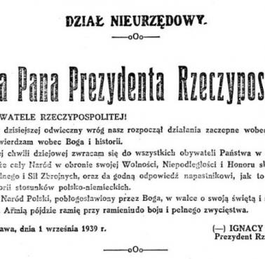 Odezwa Pana Prezydenta Ignacego Mościckiego do rodaków, 1 września 1939