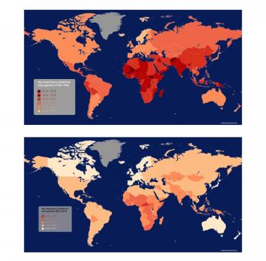 Oczekiwana długość życia w chwili urodzenia dla obu płci w latach 1950-55 i 2010-15