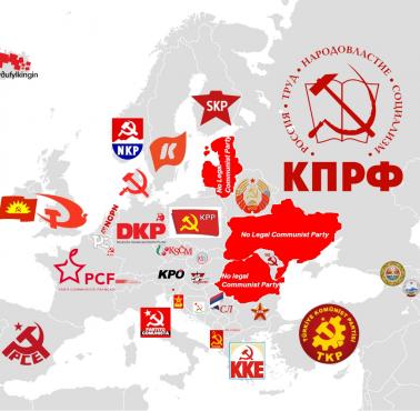 Mapa przedstawiająca komunistyczne partie w Europie