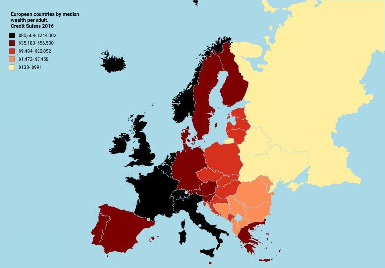 Kraje europejskie według mediany zamożności na osobę dorosłą, dane Credit Suisse 2016