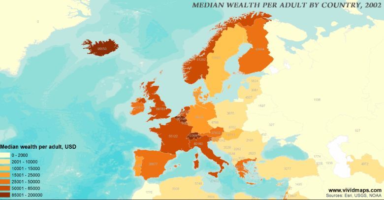 Mediana bogactwa w podziale na osoby dorosłe według krajów, 2000-2016 (animacja)