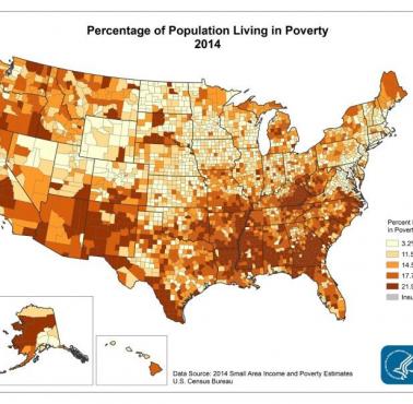 Poziom ubóstwo w USA z podziałem na stany, dane 2014