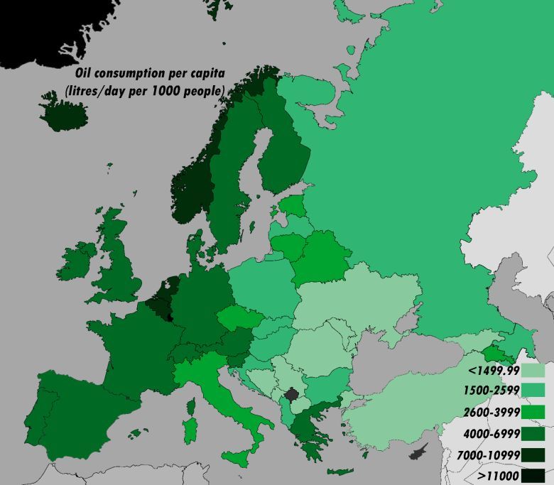 Zużycie ropy naftowej na mieszkańca w poszczególnych państwach Europy, litry/dzień na tysiąc mieszkańców