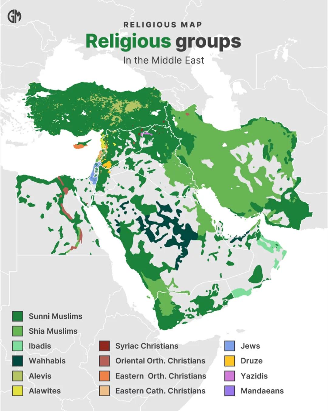 Mapa religii na Bliskim Wschodzie (stan obecny) - dominujące religie