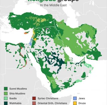 Mapa religii na Bliskim Wschodzie (stan obecny) - dominujące religie