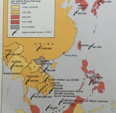 1974 r. PNB (Produkt narodowy brutto) per capita i wielkość sił zbrojnych w regionie Azji i Pacyfiku