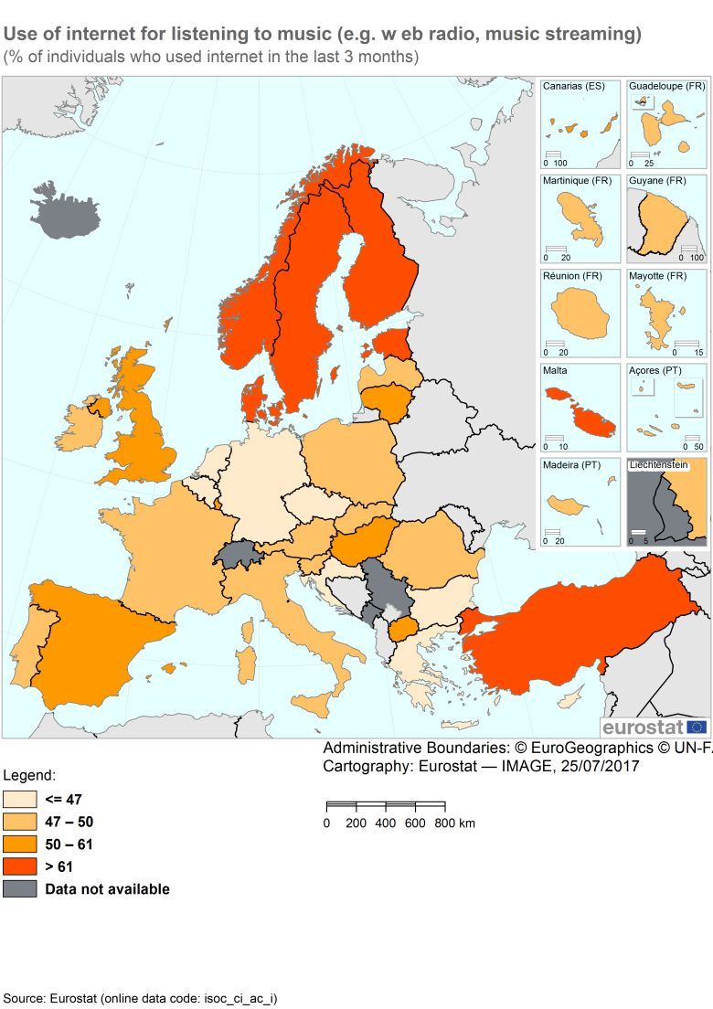 Odsetek osób w Europie, które korzystają z Internetu do słuchania muzyki, 2017