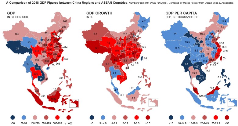 Dane o PKB w 2018 r. między krajami ASEAN a regionami Chin