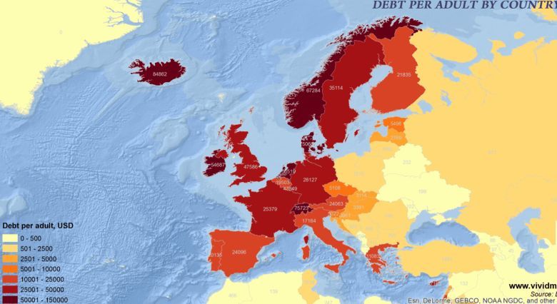 Zadłużenie na osobę dorosłą w Europie według krajów 2000-2016 (animacja)