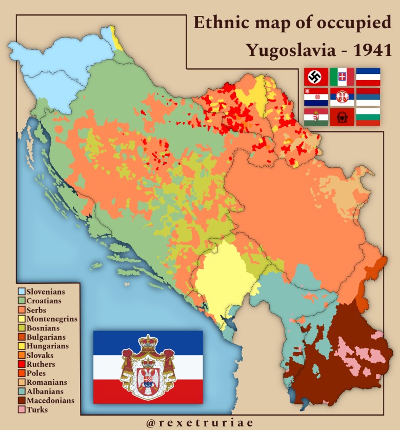 Mapa etniczna okupowanej Jugosławii z 1941 roku. Według niemieckiej mapy etnicznej z lat 40.