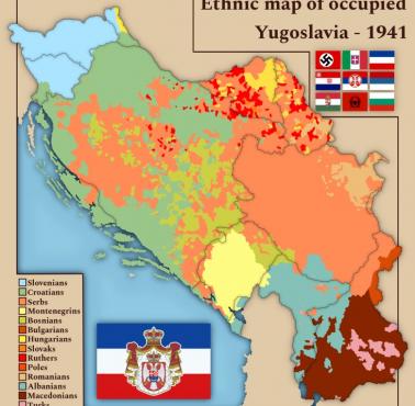 Mapa etniczna okupowanej Jugosławii z 1941 roku. Według niemieckiej mapy etnicznej z lat 40.