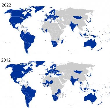 Kraje uznawane za demokracje według organizacji Freedom House w 2012 i 2022 roku