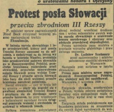 01.09.1939r. Ladislav Szathmáry, ambasador Słowacji w Polsce wystosował do min. Becka list z osobistą niezgodą na działania ....