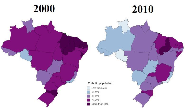 Katolicy w Brazylii, dane za 2000 i 2010 rok