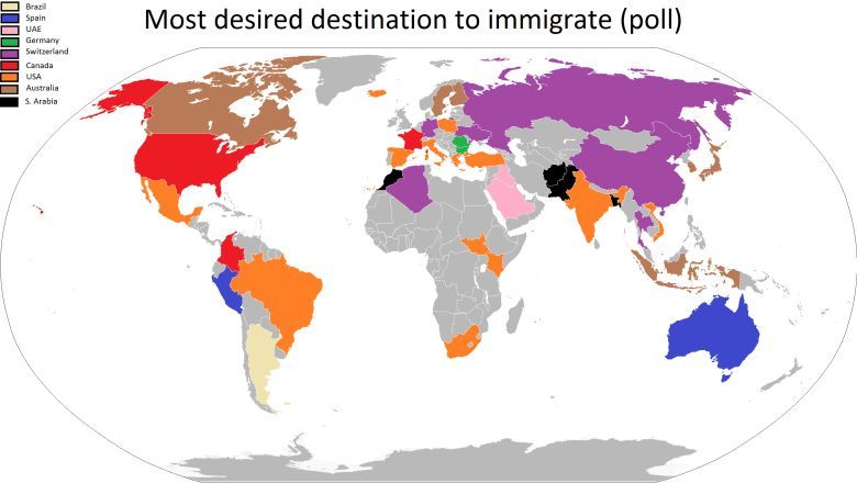Najbardziej pożądane miejsce docelowe imigracji w poszczególnych państwach świata